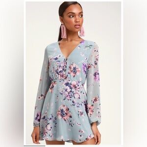 Always Yours Dusty Light Blue Floral Print Long Sleeve Skater Dress | Size XS